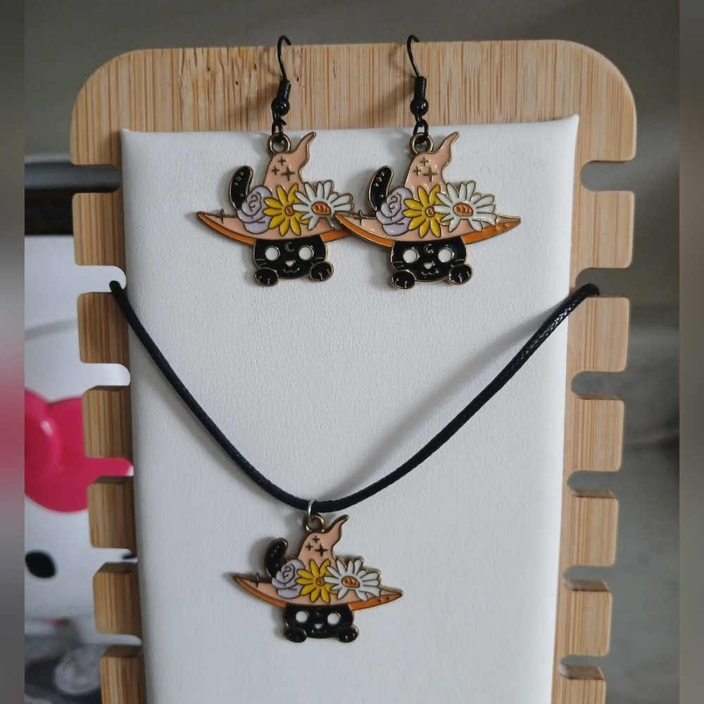2/$14 Set Witchy Cat Jewlery  Necklace Earrings Women Girl Teen Halloween Flower